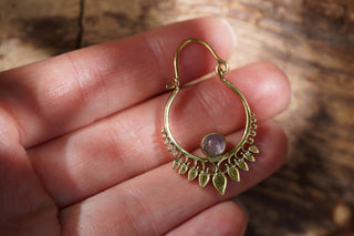 Small Boho Brass Hoops Amethyst Earrings, Small Ethnic Earrings for Woman