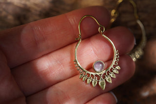 Small Boho Brass Hoops Amethyst Earrings, Small Ethnic Earrings for Woman