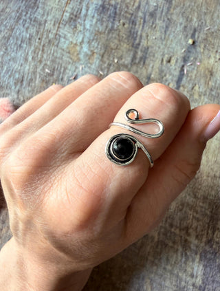 Spiral Silver Ring Black Onyx, Non Tarnish Jewellery Adjustable Silver Ring