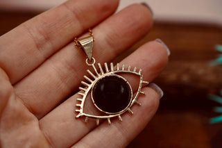 Chunky Black Onyx Eye Brass Pendant Necklace, Stainless Steel Chain, Bohemian Jewellery for Women