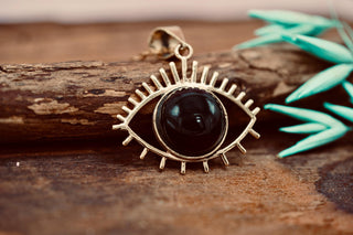 Chunky Black Onyx Eye Brass Pendant Necklace, Stainless Steel Chain, Bohemian Jewellery for Women