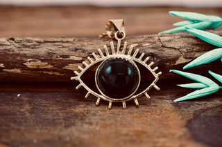 Chunky Black Onyx Eye Brass Pendant Necklace, Stainless Steel Chain, Bohemian Jewellery for Women