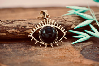 Chunky Black Onyx Eye Brass Pendant Necklace, Stainless Steel Chain, Bohemian Jewellery for Women