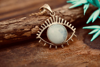 Gold Eye of Protection Necklace / Moonstone / Talisman / Third Eye / Hypoallergenic / Brass / Boho / Inca / Ethnic / Illuminati
