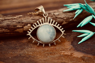Gold Eye of Protection Necklace / Moonstone / Talisman / Third Eye / Hypoallergenic / Brass / Boho / Inca / Ethnic / Illuminati