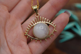 Gold Eye of Protection Necklace / Moonstone / Talisman / Third Eye / Hypoallergenic / Brass / Boho / Inca / Ethnic / Illuminati