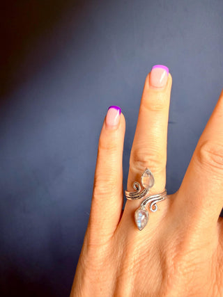 Silver Spiral Moonstone Adjustable Ring, Non Tarnish Ring, One size bohemian Ring for Her