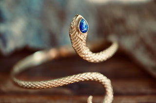 Snake Bracelet Lapis Lazuli Brass Bangle – Boho Cuff with Blue Gemstone – Adjustable Statement Jewellery Gift for Her