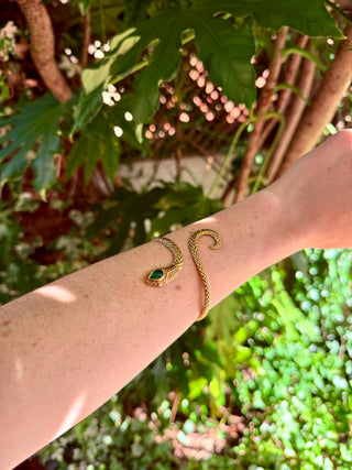 Snake Bracelet Turquoise Brass Bangle – Boho Cuff with Turquoise Gemstone – Adjustable Statement Jewellery Gift for Her