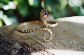 Snake Bracelet Amethyst Brass Bangle – Boho Cuff with Purple Gemstone – Adjustable Statement Jewellery Gift for Her