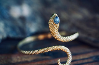Snake Bracelet Labradorite Brass Bangle – Boho Snake Cuff – Adjustable Statement Jewellery Gift for Her