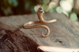 Snake Bracelet Labradorite Brass Bangle – Boho Snake Cuff – Adjustable Statement Jewellery Gift for Her