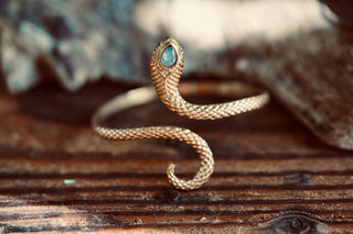 Snake Bracelet Labradorite Brass Bangle – Boho Snake Cuff – Adjustable Statement Jewellery Gift for Her