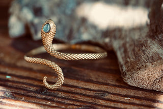 Snake Bracelet Labradorite Brass Bangle – Boho Snake Cuff – Adjustable Statement Jewellery Gift for Her