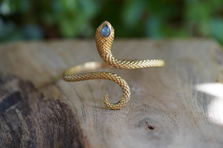 Snake Bracelet Labradorite Brass Bangle – Boho Snake Cuff – Adjustable Statement Jewellery Gift for Her