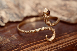 Snake Bracelet Tiger Eye Brass Bangle – Boho Snake Cuff – Adjustable Statement Jewellery Gift for Her