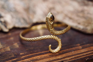 Snake Bracelet Tiger Eye Brass Bangle – Boho Snake Cuff – Adjustable Statement Jewellery Gift for Her