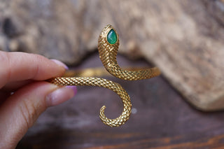 Snake Bracelet Green Onyx Brass Bangle – Boho Snake Cuff – Adjustable Statement Jewellery Gift for Her