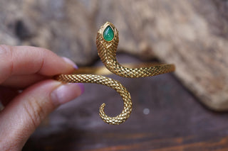 Snake Bracelet Green Onyx Brass Bangle – Boho Snake Cuff – Adjustable Statement Jewellery Gift for Her