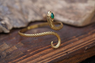 Snake Bracelet Green Onyx Brass Bangle – Boho Snake Cuff – Adjustable Statement Jewellery Gift for Her