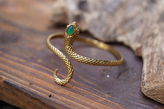 Snake Bracelet Green Onyx Brass Bangle – Boho Snake Cuff – Adjustable Statement Jewellery Gift for Her