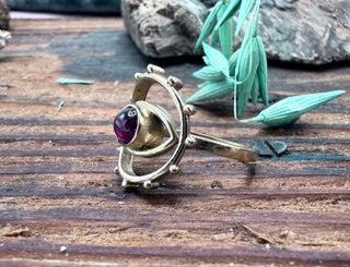 Large Red Garnet Eye Ring, Eye Red Garnet Ring, Unique Gemstone Ring, Brass Boho Ring