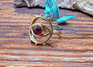 Large Red Garnet Eye Ring, Eye Red Garnet Ring, Unique Gemstone Ring, Brass Boho Ring