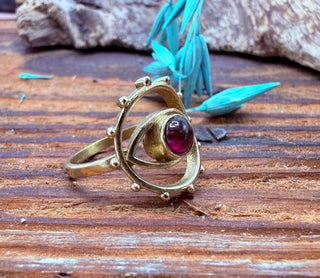 Large Red Garnet Eye Ring, Eye Red Garnet Ring, Unique Gemstone Ring, Brass Boho Ring