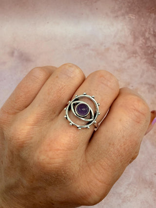 Amethyst Silver Eye Ring, Silver Plated Non Tarnish Ring, Boho Statement Ring, Evil Eye Inspired Ring, Gift for Her