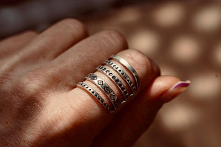 Adjustable Silver Multi-Band Ring Aztec, Bohemian Geometric Patterns, Non-Tarnish White Metal