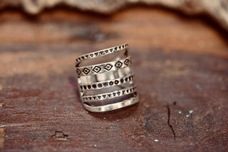 Adjustable Silver Multi-Band Ring Aztec, Bohemian Geometric Patterns, Non-Tarnish White Metal