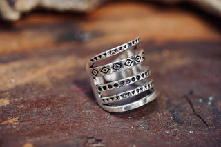 Adjustable Silver Multi-Band Ring Aztec, Bohemian Geometric Patterns, Non-Tarnish White Metal
