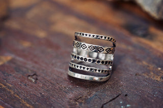 Adjustable Silver Multi-Band Ring Aztec, Bohemian Geometric Patterns, Non-Tarnish White Metal