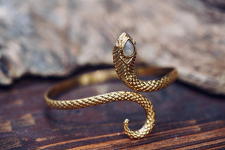 Snake Bracelet Moonstone Brass Bangle – Boho Snake Cuff – Adjustable Statement Jewellery Gift for Her