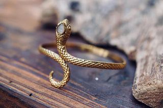 Snake Bracelet Moonstone Brass Bangle – Boho Snake Cuff – Adjustable Statement Jewellery Gift for Her