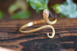 Snake Bracelet Moonstone Brass Bangle – Boho Snake Cuff – Adjustable Statement Jewellery Gift for Her