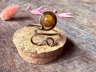 Spiral Tiger Eye Brass Ring, Adjustable Brass Ring, Bohemian Women's Jewellery,