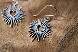 Silver Sacred Heart Earrings, Small Mexican Milagro Inspired Earrings, Sunburst Heart Dangles, Boho Silver Earrings