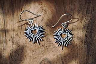Silver Sacred Heart Earrings, Small Mexican Milagro Inspired Earrings, Sunburst Heart Dangles, Boho Silver Earrings