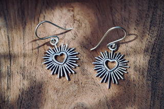 Silver Sacred Heart Earrings, Small Mexican Milagro Inspired Earrings, Sunburst Heart Dangles, Boho Silver Earrings