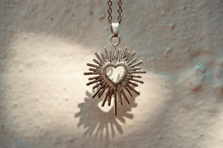 Mexican Sacred Heart Silver Pendant Necklace 50cm Stainless Steel Chain, Milagro Inspired Necklace, Sunburst Heart Necklace