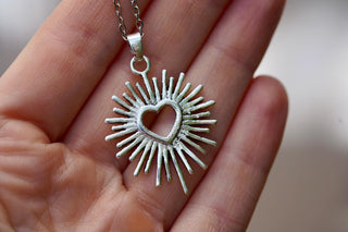 Mexican Sacred Heart Silver Pendant Necklace 50cm Stainless Steel Chain, Milagro Inspired Necklace, Sunburst Heart Necklace