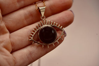 Chunky Black Onyx Eye Brass Pendant Necklace, Stainless Steel Chain, Bohemian Jewellery for Women