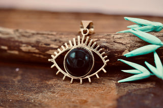 Chunky Black Onyx Eye Brass Pendant Necklace, Stainless Steel Chain, Bohemian Jewellery for Women