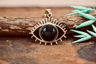 Chunky Black Onyx Eye Brass Pendant Necklace, Stainless Steel Chain, Bohemian Jewellery for Women