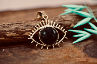 Chunky Black Onyx Eye Brass Pendant Necklace, Stainless Steel Chain, Bohemian Jewellery for Women
