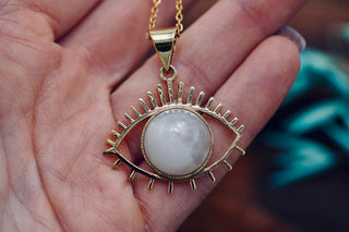 Gold Eye of Protection Necklace / Moonstone / Talisman / Third Eye / Hypoallergenic / Brass / Boho / Inca / Ethnic / Illuminati