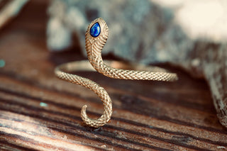 Snake Bracelet Lapis Lazuli Brass Bangle – Boho Cuff with Blue Gemstone – Adjustable Statement Jewellery Gift for Her