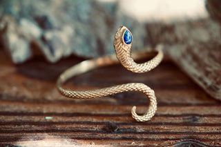Snake Bracelet Lapis Lazuli Brass Bangle – Boho Cuff with Blue Gemstone – Adjustable Statement Jewellery Gift for Her