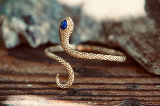 Snake Bracelet Lapis Lazuli Brass Bangle – Boho Cuff with Blue Gemstone – Adjustable Statement Jewellery Gift for Her